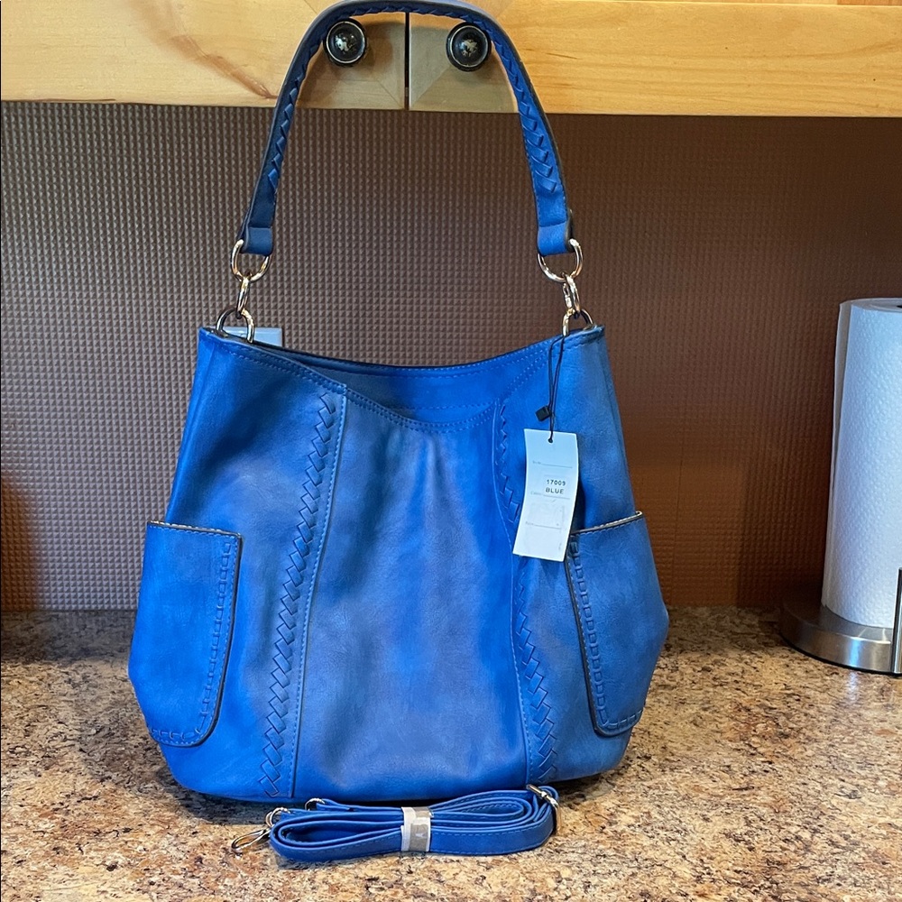 Blue Leather Hobo Bag with Braided Detail - Women